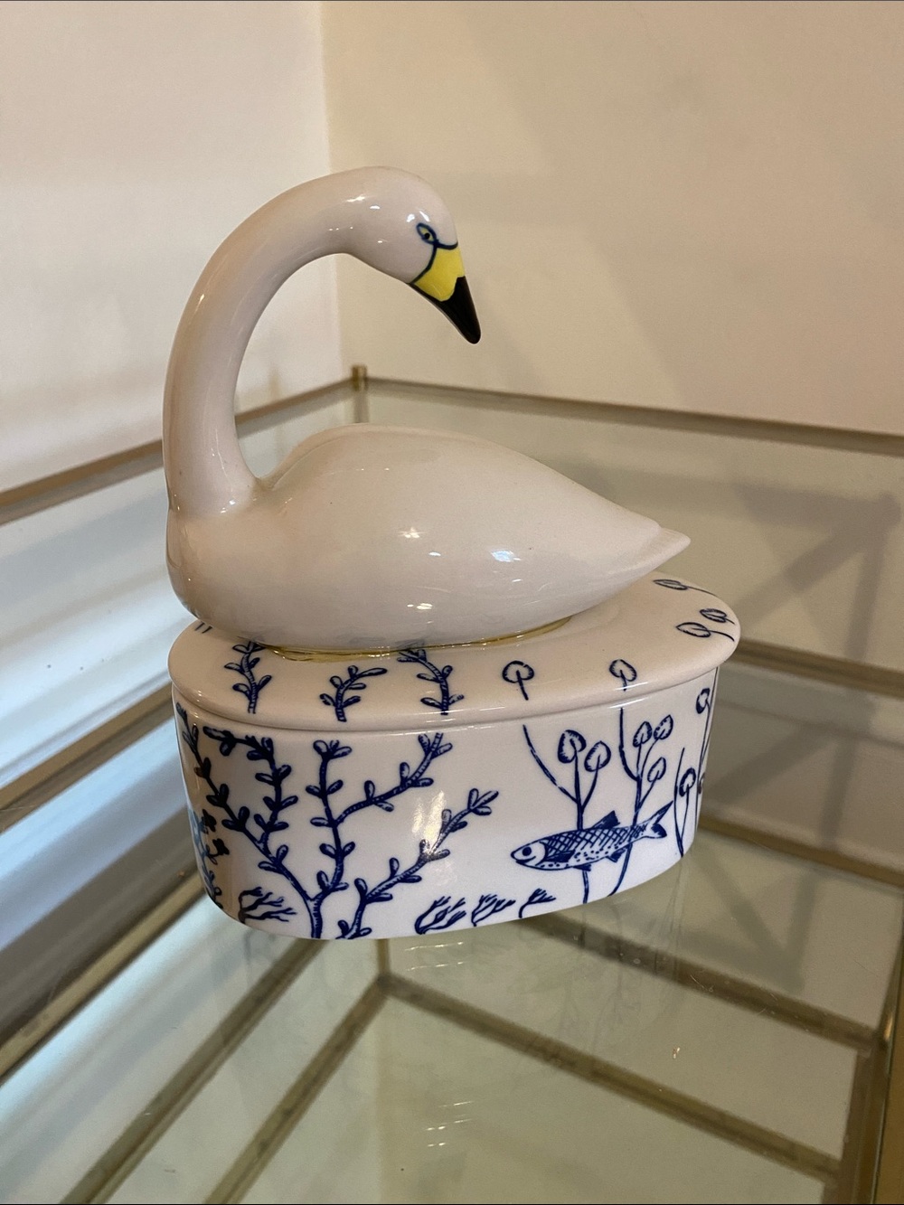 Anthropologie White Swan Ceramic Trinket Box with Blue Motif